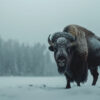 An American Bison stands in a snowy landscape with snow falling and a forest of trees in the background. Wall art print available in A1 to A4 sizes.