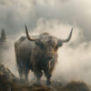 A Highland Bull with long horns stands on rocky terrain surrounded by mist and fog, with trees visible in the background. Wall art print available in A1 to A4 sizes.