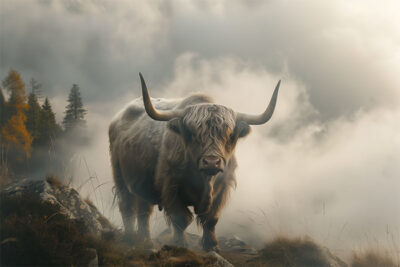 A Highland Bull with long horns stands on rocky terrain surrounded by mist and fog, with trees visible in the background. Wall art print available in A1 to A4 sizes.