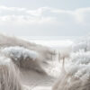 A wooden boardwalk winds through pale sand dunes and frosty-looking beach grass, leading toward a bright, cloudy horizon over the sea. Beachscape art print available in A1 to A4 sizes.
