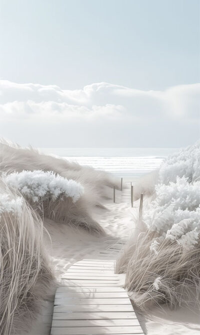 A wooden boardwalk winds through pale sand dunes and frosty-looking beach grass, leading toward a bright, cloudy horizon over the sea. Beachscape art print available in A1 to A4 sizes.