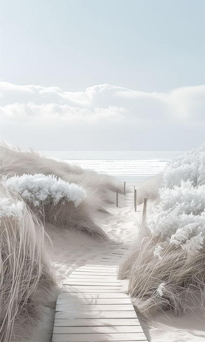 product-image A wooden boardwalk winds through pale sand dunes and frosty-looking beach grass, leading toward a bright, cloudy horizon over the sea. Beachscape art print available in A1 to A4 sizes.