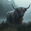 A Highland bull with long horns and shaggy hair stands in a misty field surrounded by grass and shrubs. Wall art print available in A1 to A4 sizes.