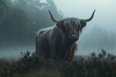 A Highland bull with long horns and shaggy hair stands in a misty field surrounded by grass and shrubs. Wall art print available in A1 to A4 sizes.