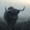 A Highland bull with long horns stands in tall grass on a foggy day, facing the camera. Wall art print available in A1 to A4 sizes.