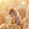 A small brown mouse sits on a stalk of wheat in a sunlit field, surrounded by golden wheat heads. Wall art print available in A1 to A4 sizes.