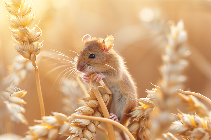 product-image A small brown mouse sits on a stalk of wheat in a sunlit field, surrounded by golden wheat heads. Wall art print available in A1 to A4 sizes.