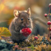 A brown mouse sits on mossy ground, holding and eating a cluster of red berries. Surrounding plants and sunlight create a soft, natural background. Cute mouse poster available in A1 to A4 sizes.