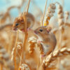 Two small brown mice perched on golden wheat stalks in a field, with a blurred background and soft natural lighting. Wall art print available in A1 to A4 sizes.