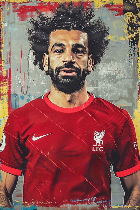 product-image Male soccer player Mohamed Salah, with curly hair and a beard, wears a red Liverpool FC soccer jersey, standing against an abstract, colourful background. Wall art print available in A1 to A4 sizes.