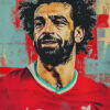 Male soccer player Mohamed Salah in a red Liverpool FC jersey with the club logo, stands against a colourful abstract background. Wall art print available in A1 to A4 sizes.