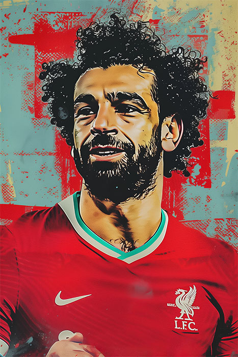 product-image Male soccer player Mohamed Salah in a red Liverpool FC jersey with the club logo, stands against a colourful abstract background. Wall art print available in A1 to A4 sizes.