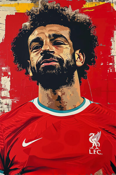 Illustrated portrait of Mohamed Salah, a male football player wearing a red Liverpool FC jersey with the club logo and Nike symbol, set against a striking red background. Wall art print available in A1 to A4 sizes.