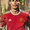 A digital artwork of soccer player Ronaldo in a red Manchester United jersey with Adidas logo, set against an abstract background with yellow, grey, and red elements. Wall art print available in A1 to A4 sizes.