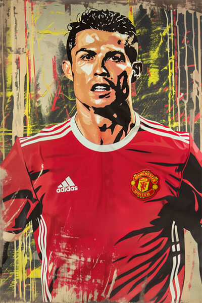 A digital artwork of soccer player Ronaldo in a red Manchester United jersey with Adidas logo, set against an abstract background with yellow, grey, and red elements. Wall art print available in A1 to A4 sizes.