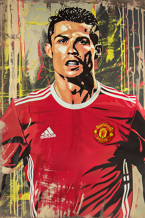 product-image A digital artwork of soccer player Ronaldo in a red Manchester United jersey with Adidas logo, set against an abstract background with yellow, grey, and red elements. Wall art print available in A1 to A4 sizes.