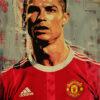 Digital illustration of soccer player Ronaldo in a red Manchester United jersey with the club badge and Adidas logo visible, set against an abstract background. Wall art print available in A1 to A4 sizes.