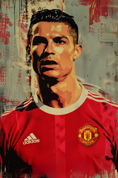 Digital illustration of soccer player Ronaldo in a red Manchester United jersey with the club badge and Adidas logo visible, set against an abstract background. Wall art print available in A1 to A4 sizes.