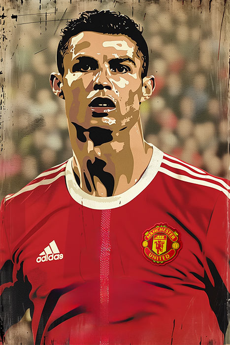 product-image Digital illustration of soccer player Ronaldo in a red Manchester United jersey, looking upward, with a blurred stadium background. Wall art print available in A1 to A4 sizes.