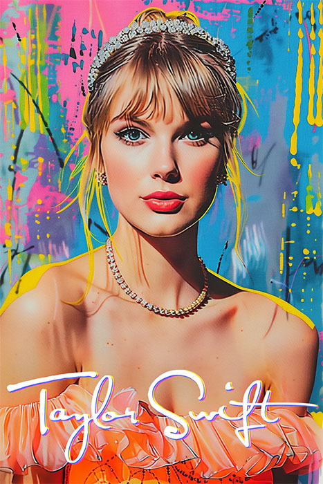 product-image A woman with blonde hair, wearing a tiara and pearl necklace, poses in front of a colourful background, channeling Taylor Swift’s signature style. The name Taylor Swift appears at the bottom in elegant white script. Wall art print available in A1 to A4 sizes.