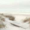 A narrow wooden boardwalk runs through tall beach grass, leading toward an empty sandy shore and a calm, overcast sea. Nature and landscape print available in A1 to A4 sizes.