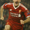 Steven Gerrard, a Liverpool footballer in a red kit, celebrates passionately during a match. Sports poster. A1 to A4 print sizes.