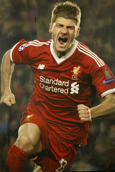 Steven Gerrard, a Liverpool footballer in a red kit, celebrates passionately during a match. Sports poster. A1 to A4 print sizes.