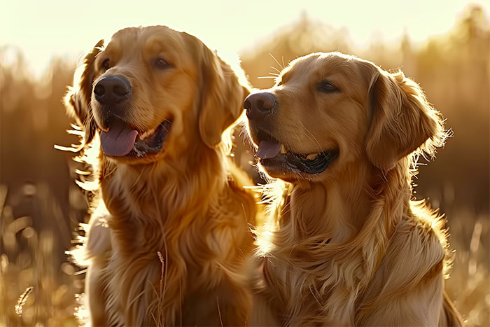 Two golden retrievers sit side by side outdoors in warm sunlight, both facing forward with their mouths open and tongues visible. Wall art print available in A1 to A4 sizes.