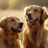 Two golden retrievers sit close together in a sunlit field, both facing forward with their tongues out and looking relaxed. Wall art print available in A1 to A4 sizes.