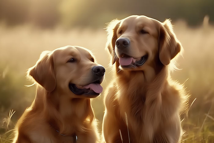 Two golden retrievers sit close together in a sunlit field, both facing forward with their tongues out and looking relaxed. Wall art print available in A1 to A4 sizes.