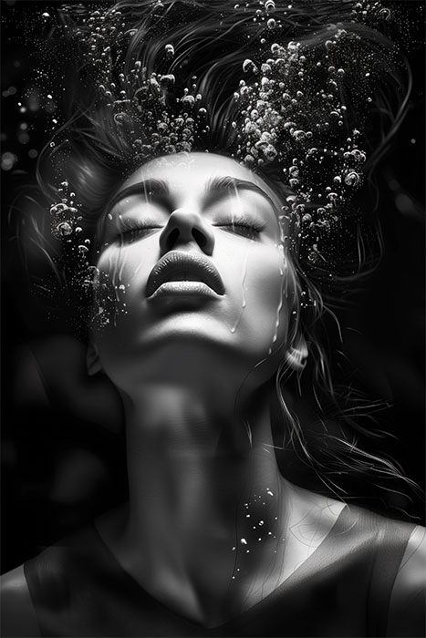 product-image Fantasy art poster. The Woman Underwater Black and White 1 features a woman with closed eyes and parted lips submerged underwater, air bubbles rising around her face, and her hair flowing upwards in dramatic black-and-white lighting.