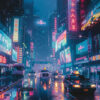A rainy city street at night with neon signs, taxis, buses, and a drone flying above illuminated skyscrapers. Cyberpunk art poster available in A1 to A4 sizes.