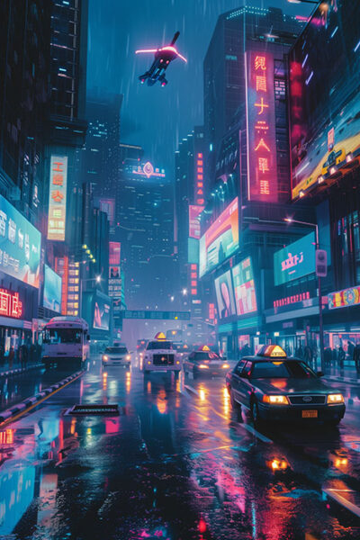 A rainy city street at night with neon signs, taxis, buses, and a drone flying above illuminated skyscrapers. Cyberpunk art poster available in A1 to A4 sizes.