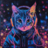 A cat wearing a jacket and neon headphones is surrounded by colourful, glowing lights in a vibrant, stylized illustration. Cyberpunk cat poster available in A1 to A4 sizes.