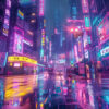 A neon-lit city street at night in the rain, with colourful signs in various languages reflecting on wet pavement and a few cars in the distance. Cyberpunk art poster available in A1 to A4 sizes.
