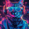 A cat wearing neon sunglasses, headphones, and a jacket, depicted in a colourful, futuristic, and vibrant digital art style with glowing effects. Cyberpunk cat poster available in A1 to A4 sizes.