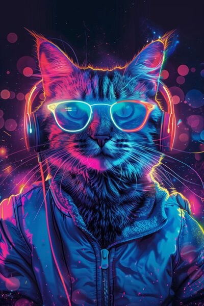 A cat wearing neon sunglasses, headphones, and a jacket, depicted in a colourful, futuristic, and vibrant digital art style with glowing effects. Cyberpunk cat poster available in A1 to A4 sizes.