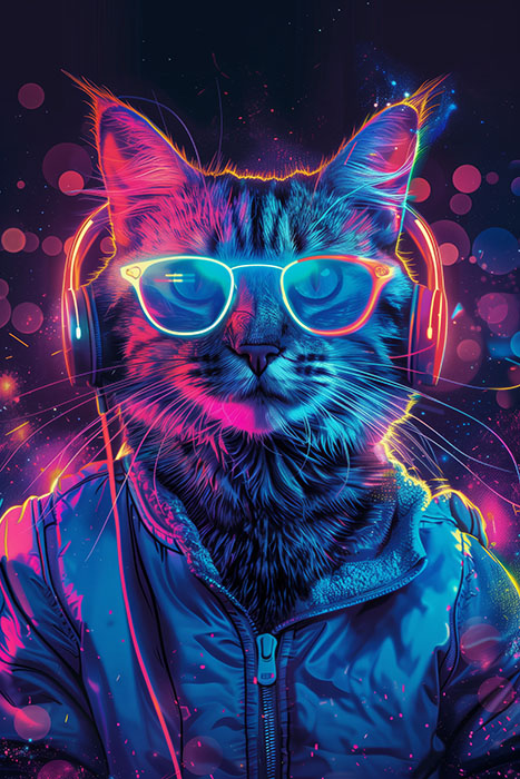 A cat wearing neon sunglasses, headphones, and a jacket, depicted in a colourful, futuristic, and vibrant digital art style with glowing effects. Cyberpunk cat poster available in A1 to A4 sizes.