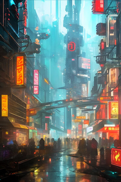 A futuristic city street at night with neon signs, tall buildings, elevated walkways, and silhouettes of people walking on a wet pavement. Cyberpunk art poster available in A1 to A4 sizes.
