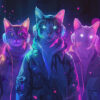Three cats wearing headphones and jackets stand together in neon lighting, surrounded by pink and purple smoke, with a futuristic, digital background. Cyberpunk cat poster available in A1 to A4 sizes.