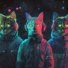 Three cats wearing jackets and headphones are illuminated by colourful neon lights with a dark, smoky background. Cyberpunk cat poster available in A1 to A4 sizes.