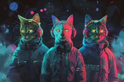 Three cats wearing jackets and headphones are illuminated by colourful neon lights with a dark, smoky background. Cyberpunk cat poster available in A1 to A4 sizes.