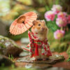 A hamster dressed in a floral kimono holds a small parasol, standing on a stone path with pink flowers and greenery in the background. Cute Geisha hamster poster available in A1 to A4 sizes.