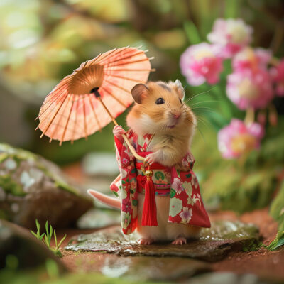 A hamster dressed in a floral kimono holds a small parasol, standing on a stone path with pink flowers and greenery in the background. Cute Geisha hamster poster available in A1 to A4 sizes.
