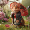 A mouse wearing a floral kimono holds a red parasol, standing on grass surrounded by blooming pink flowers. Cute Geisha hamster poster available in A1 to A4 sizes.