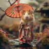 product-image A hamster wearing a floral kimono holds a parasol while standing on a rock in a garden setting. Cute Geisha hamster poster available in A1 to A4 sizes.