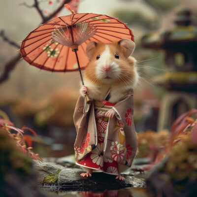 A hamster wearing a floral kimono holds a parasol while standing on a rock in a garden setting. Cute Geisha hamster poster available in A1 to A4 sizes.