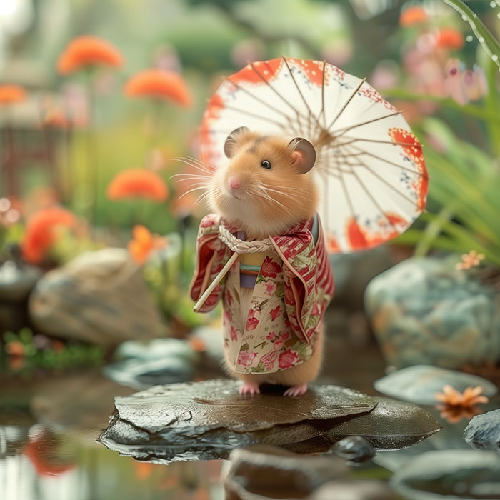 product-image A hamster wearing a floral kimono stands on a rock beside a pond, holding a decorative paper parasol, surrounded by colourful flowers and greenery. Cute Geisha hamster poster available in A1 to A4 sizes.