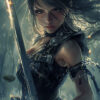 A woman in dark, detailed armour holds a sword, standing in a misty forest with intense expression and wind blowing her hair. Fantasy art poster available in A1 to A4 sizes.