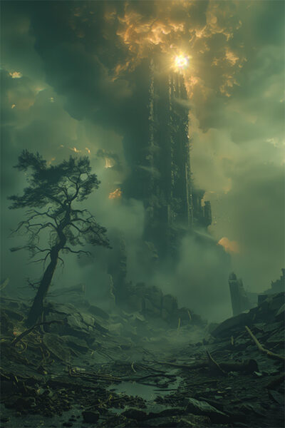 A dark, crumbling tower rises through dense clouds and glowing light, surrounded by rocky debris and a lone, dying tree in the foreground. Sci-fi art poster available in A1 to A4 sizes.